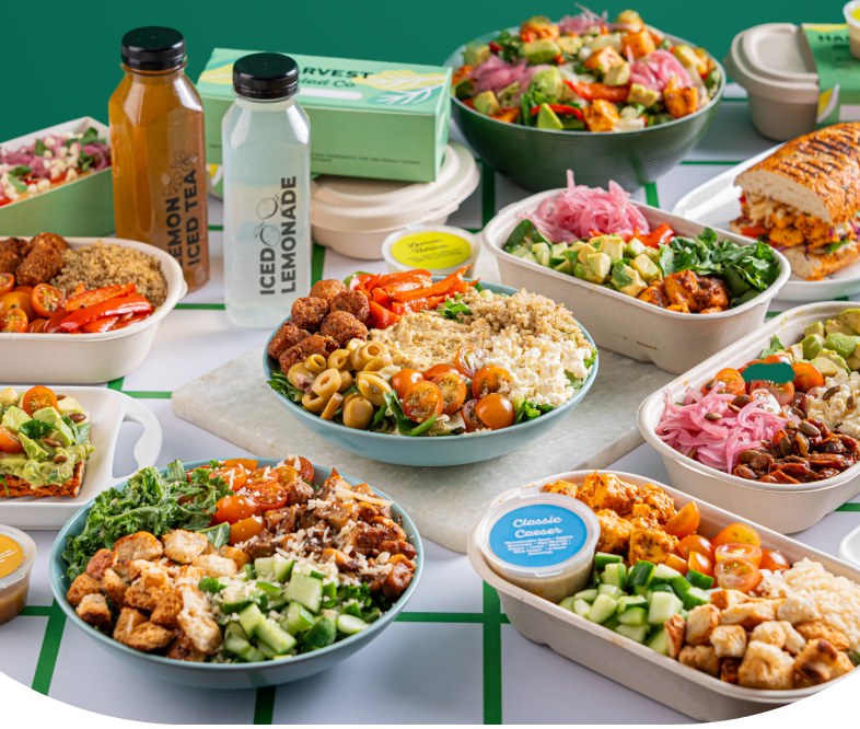 A Harvest spread of salads, bowls and cold drinks